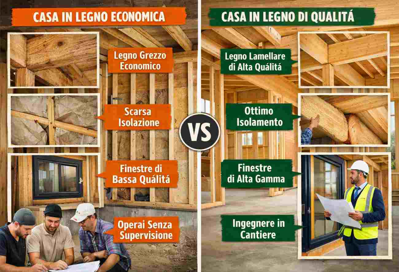 Confronto tra una casa in legno economica e una di qualità, evidenziando qualità dei materiali, finiture e supervisione in cantiere. Dea Systems