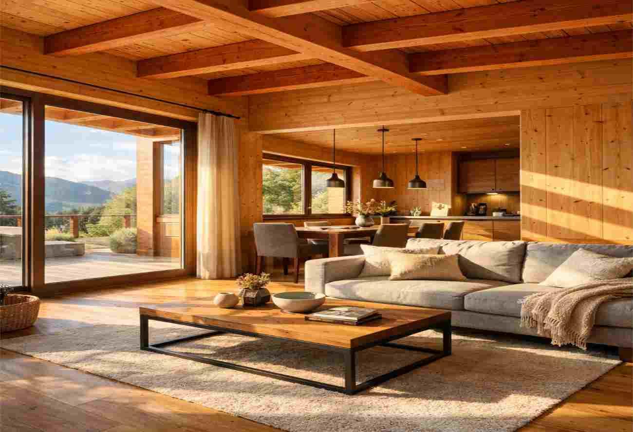 Perché il legno cambia colore? Interno luminoso di una casa in legno con travi lamellari in abete rosso a vista e pareti in XLAM. Dea Systems