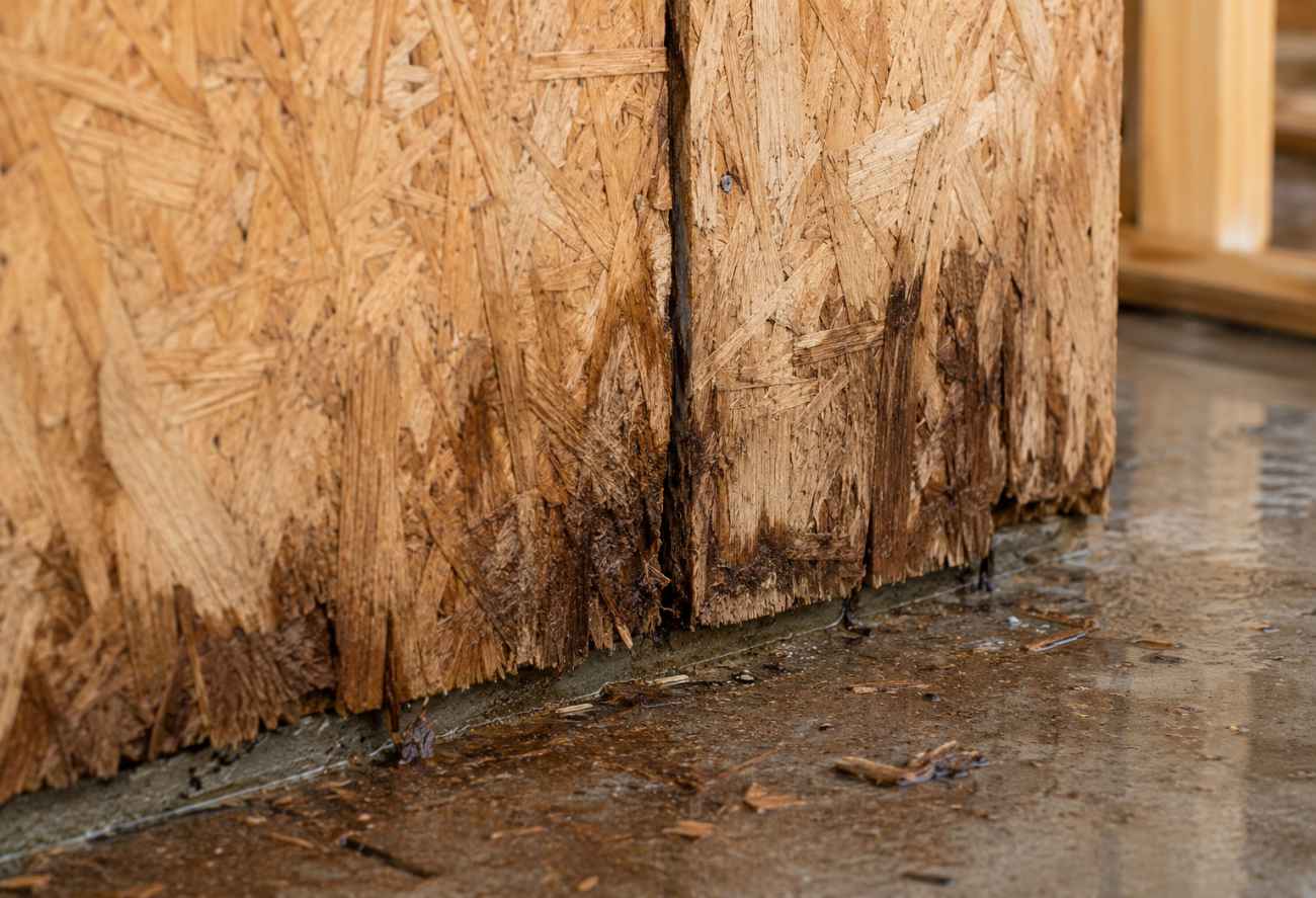 Dettaglio ravvicinato di pannelli OSB esposti all’umidità in un cantiere di casa in legno